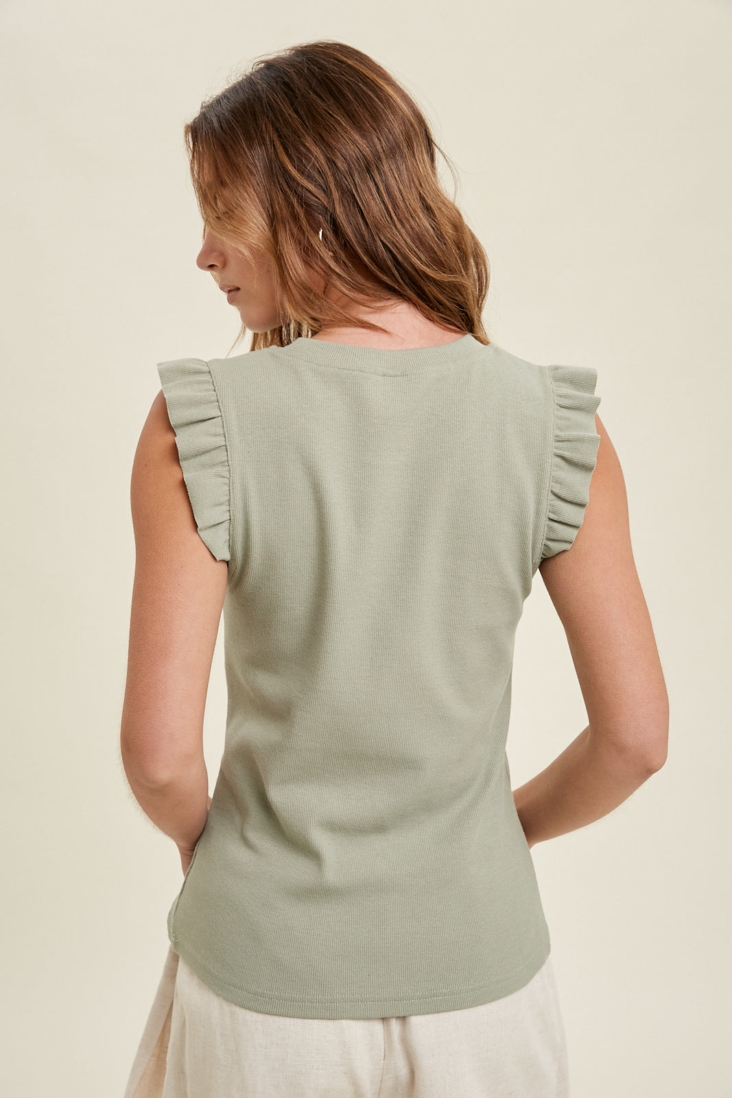 LIGHT OLIVE RIBBED KNIT TANK TOP WITH RUFFLE