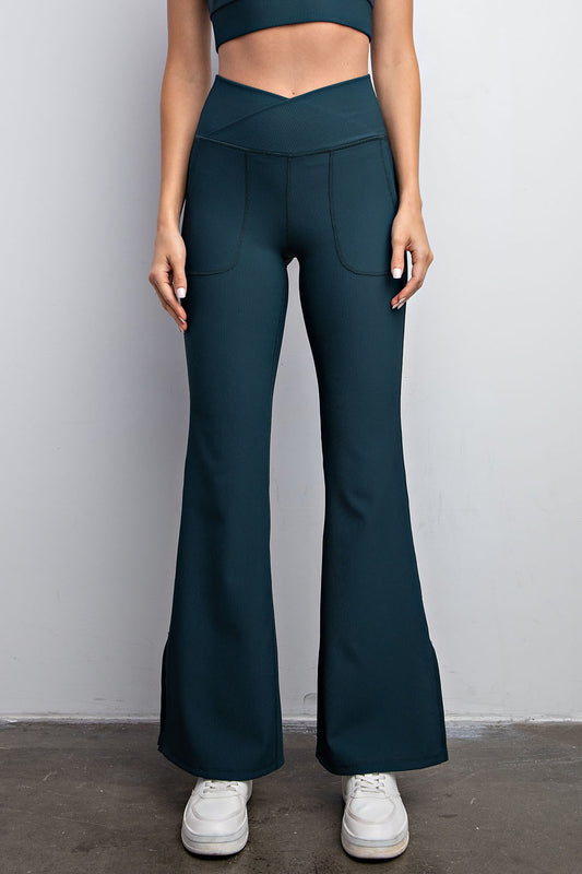 NYLON RIB V WAIST CORSSOVER FLARED LEGGINGS