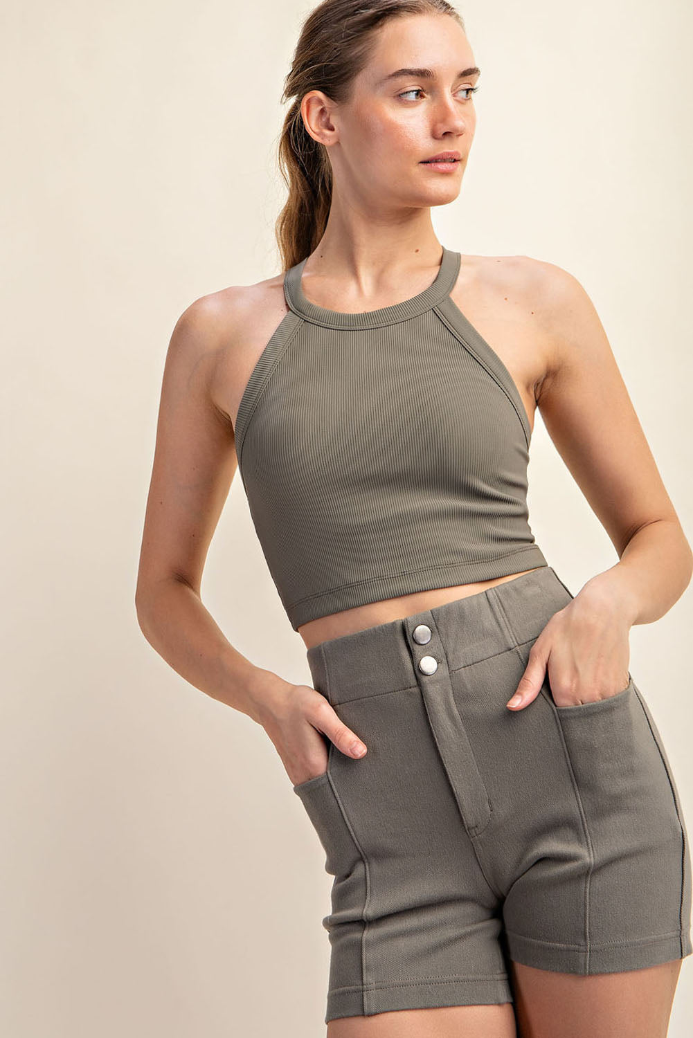 NYLON RIB CROPPED HALTER TANK