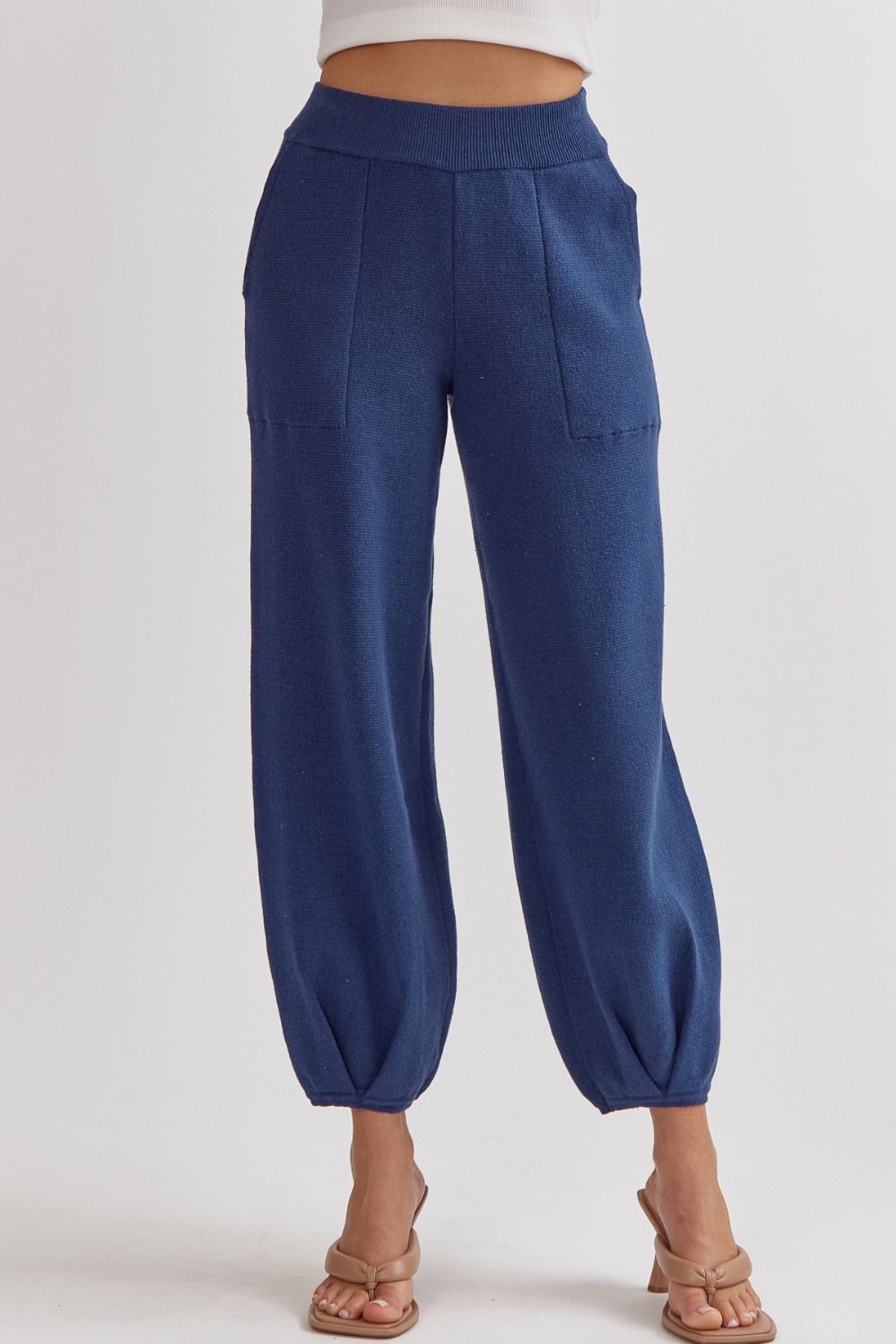 Solid Navy Blue knitted high-waisted joggers