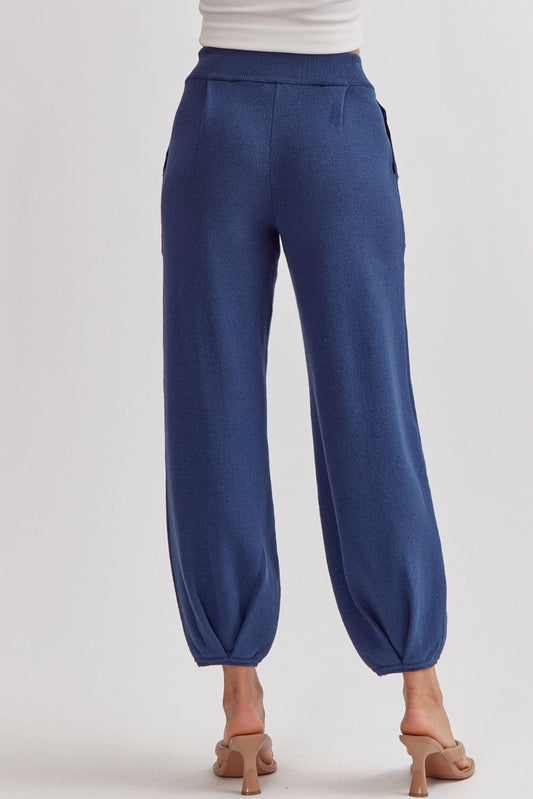 Solid Navy Blue knitted high-waisted joggers