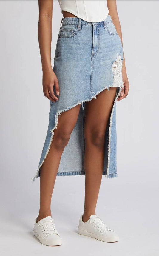 Heavy Distressed High-Low Hem Denim Skirt