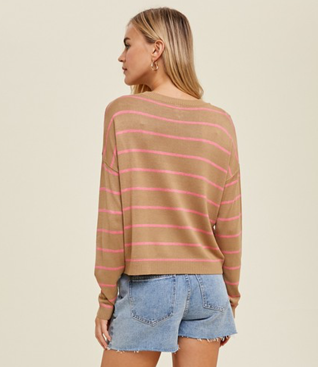 Striped Lightweight Boat Neck Sweater - Mocha/Pink