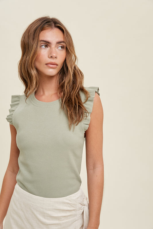 LIGHT OLIVE RIBBED KNIT TANK TOP WITH RUFFLE