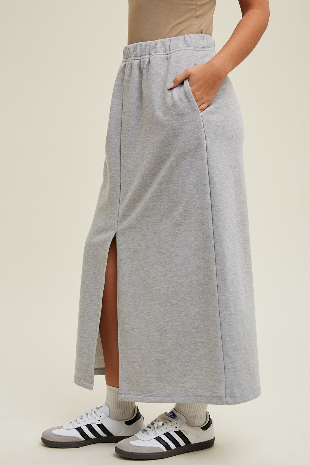 FRENCH TERRY MIDI SKIRT WITH FRONT SLIT