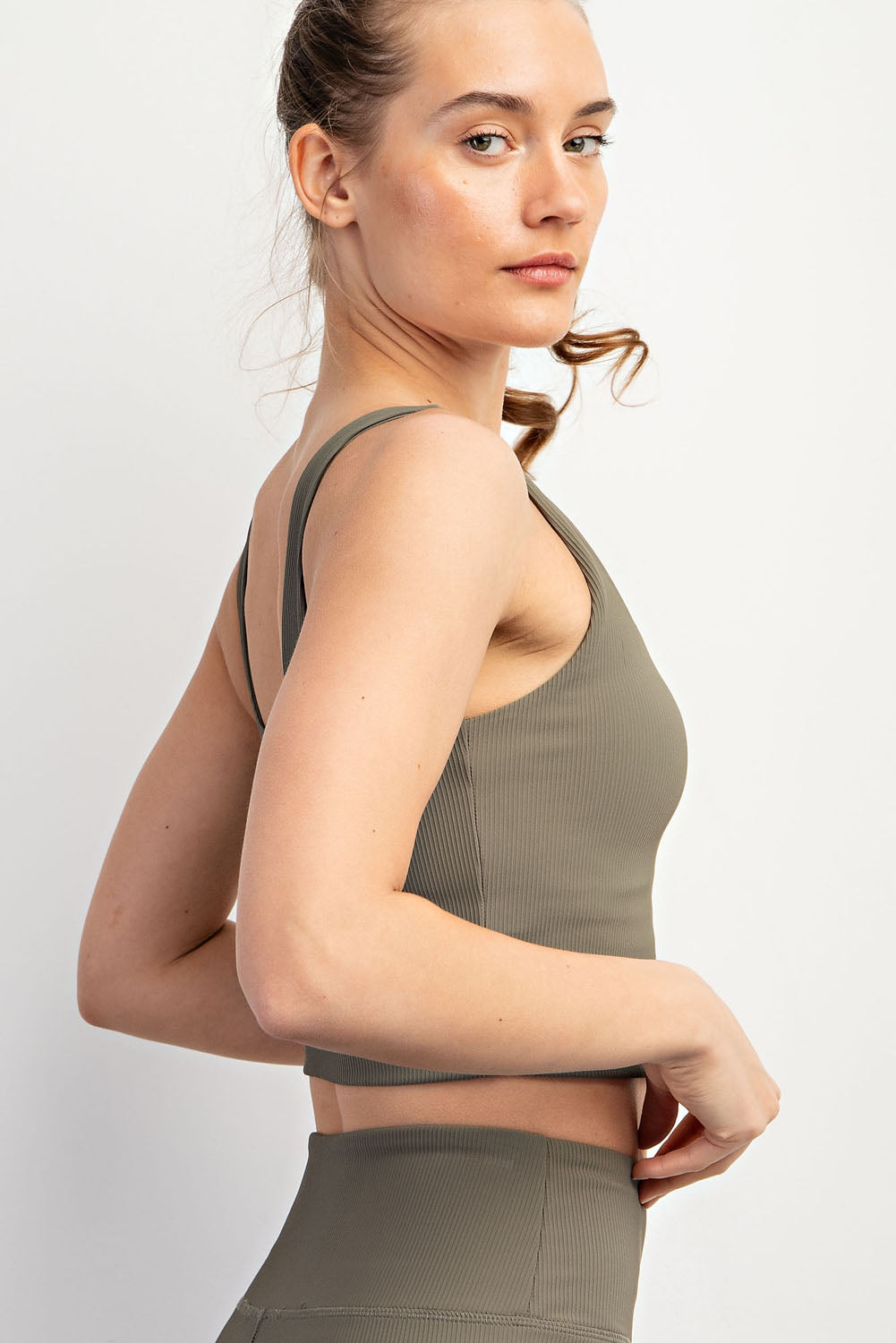 OLIVE RIBBED SQUARE NECK LONG LINE SPORTS BRA