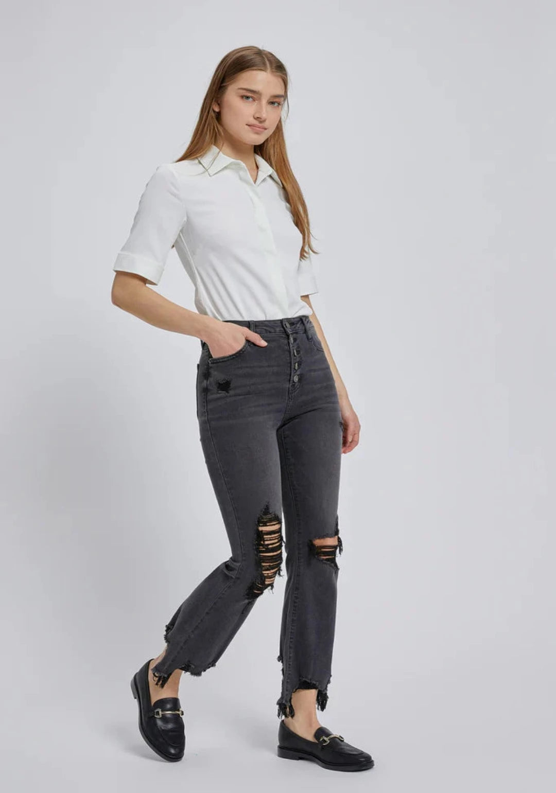 HAPPI BLACK EXPOSED BUTTON FRAYED HEM CROPPED FLARE