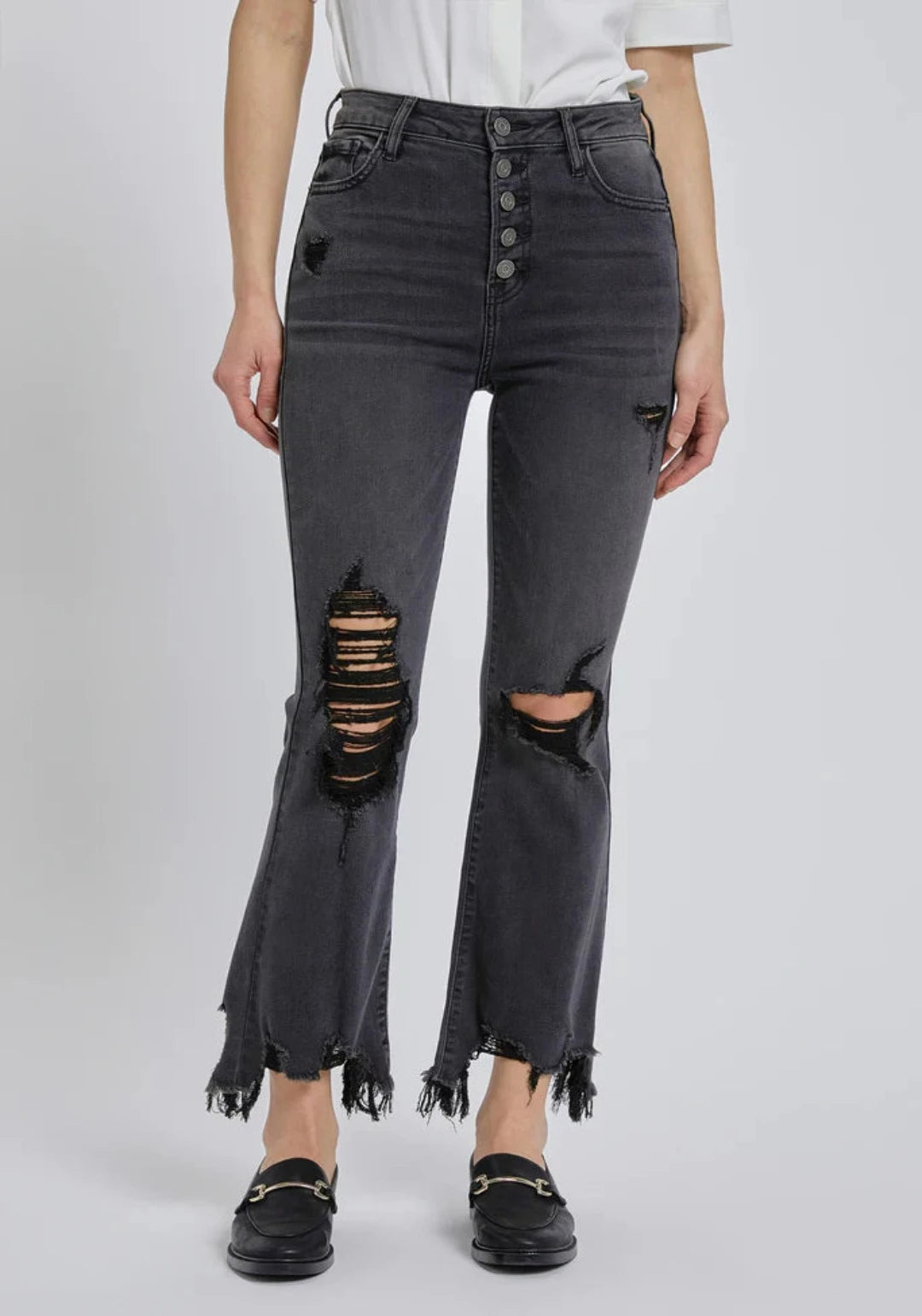 HAPPI BLACK EXPOSED BUTTON FRAYED HEM CROPPED FLARE