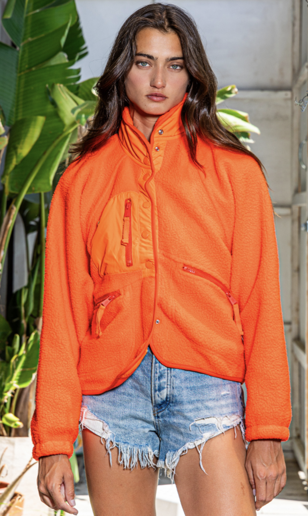 Neon Orange Soft Fleece Snap Button-up Jacket