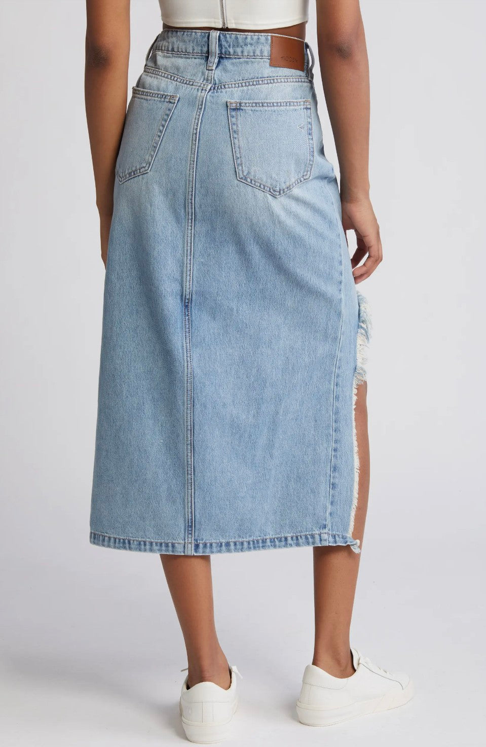 Heavy Distressed High-Low Hem Denim Skirt