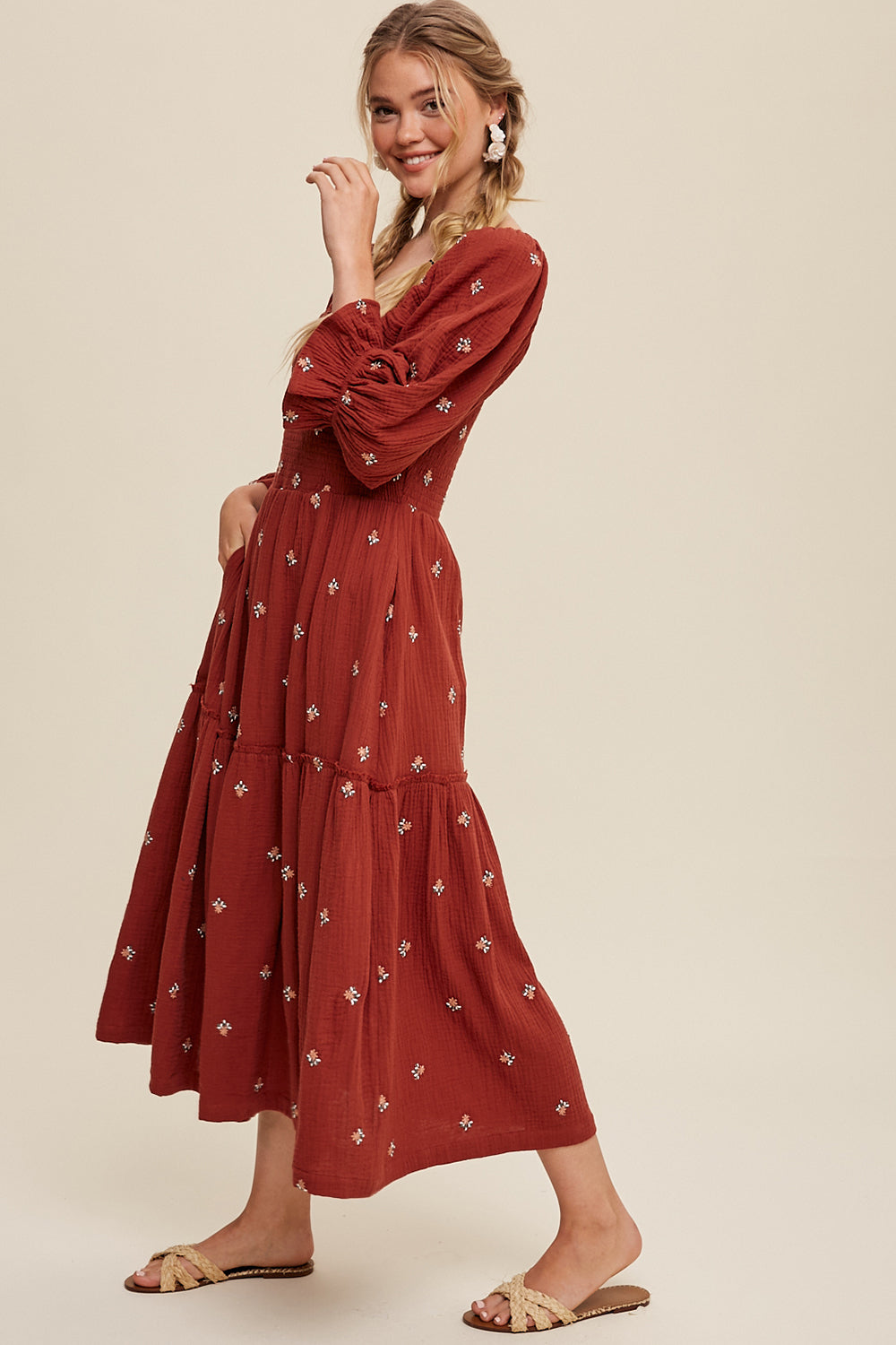 Ditzy Floral Embroidery Puff Sleeve Maxi Dress