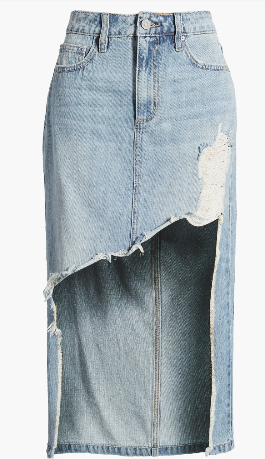 Heavy Distressed High-Low Hem Denim Skirt