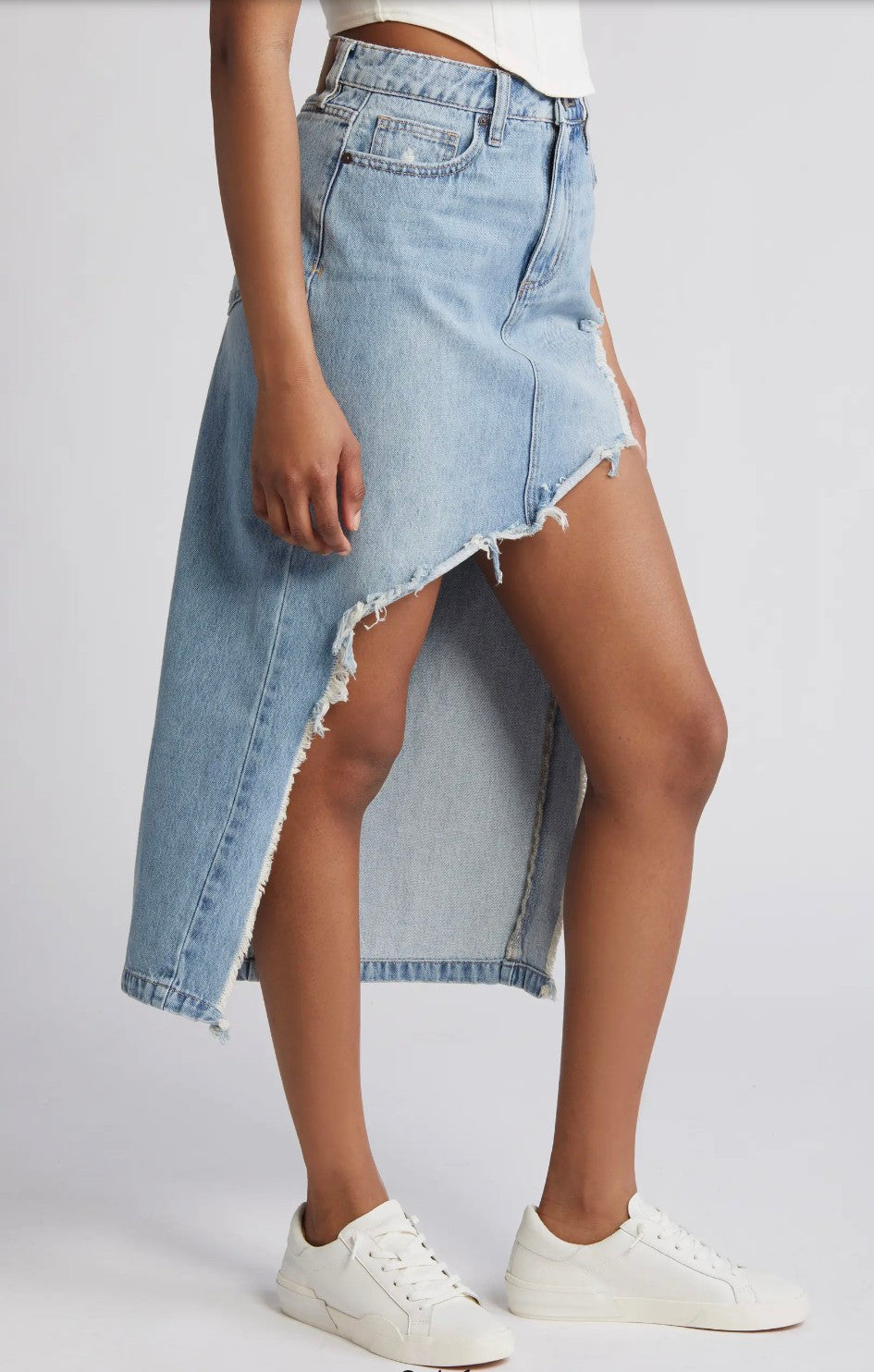 Heavy Distressed High-Low Hem Denim Skirt