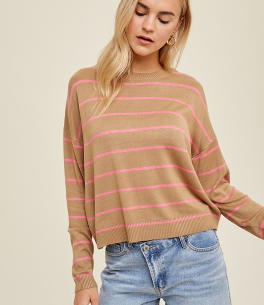 Striped Lightweight Boat Neck Sweater - Mocha/Pink