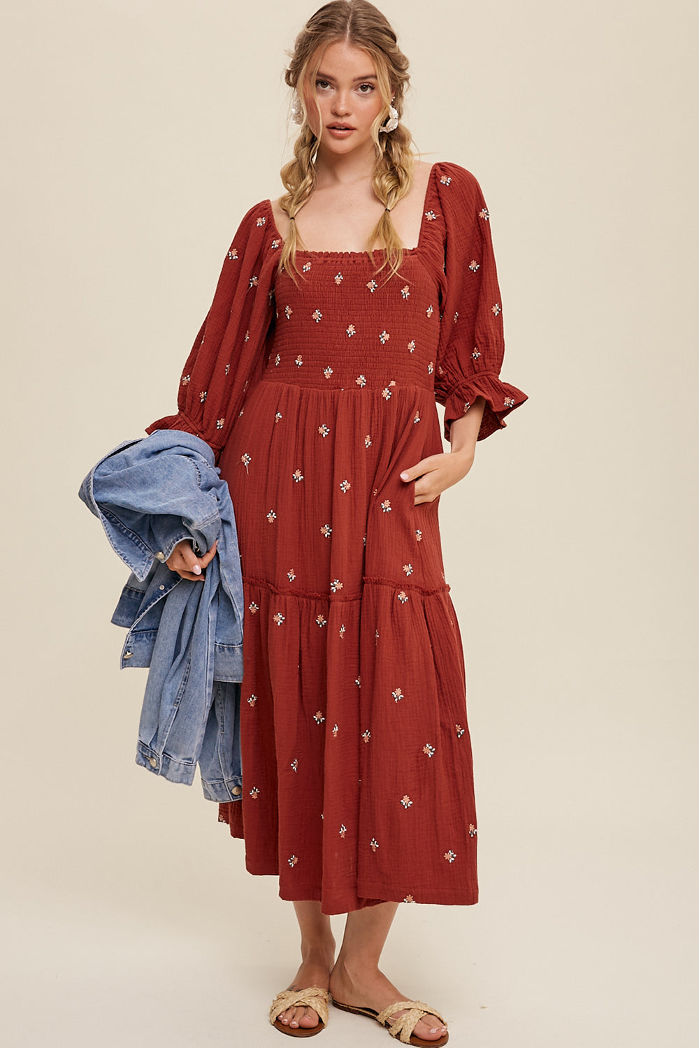 Ditzy Floral Embroidery Puff Sleeve Maxi Dress